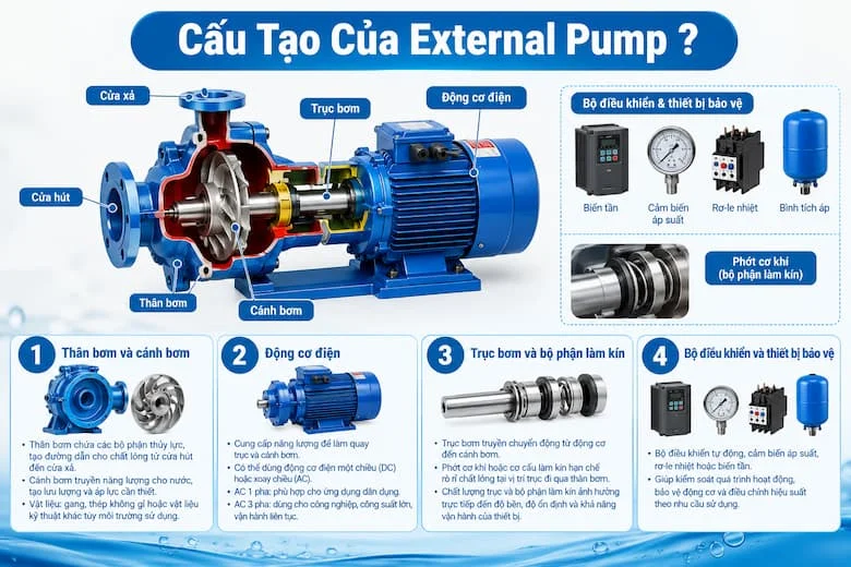 Minh họa các bộ phận chính của máy bơm External Pump, bao gồm thân bơm, cánh bơm, trục bơm, phớt cơ khí, động cơ điện và thiết bị điều khiển