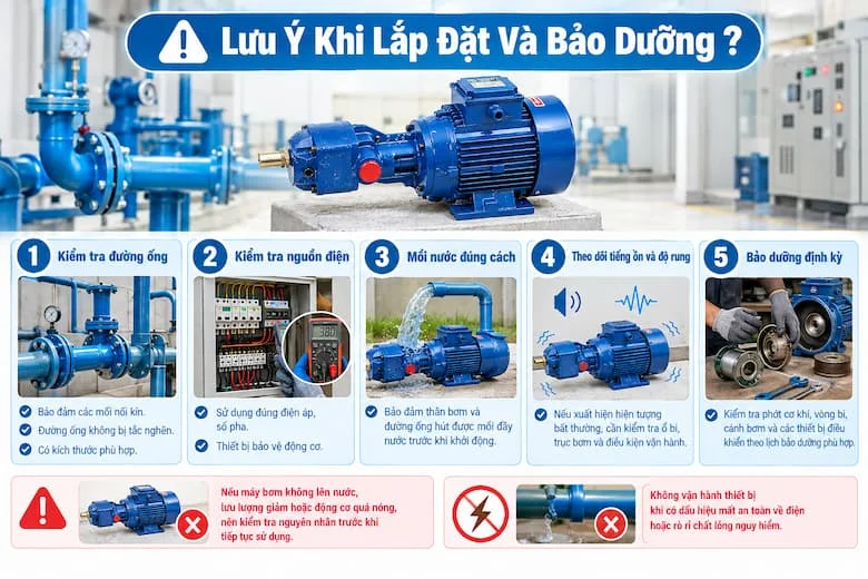 Hình ảnh minh họa các công việc cần thực hiện khi lắp đặt và bảo dưỡng máy bơm External Pump, bao gồm kiểm tra đường ống, nguồn điện, mồi nước, theo dõi tiếng ồn và độ rung, đồng thời kiểm tra phớt cơ khí, vòng bi và các thiết bị bảo vệ để hạn chế sự cố trong quá trình vận hành.