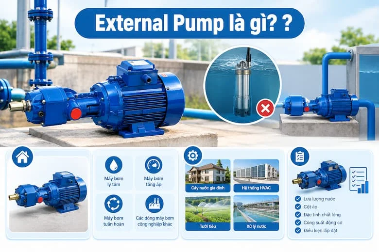 Hình ảnh máy bơm External Pump với thiết kế động cơ điện kết hợp cụm bơm, thường được lắp đặt bên ngoài nguồn nước để phục vụ hệ thống cấp nước, tăng áp và các ứng dụng công nghiệp.