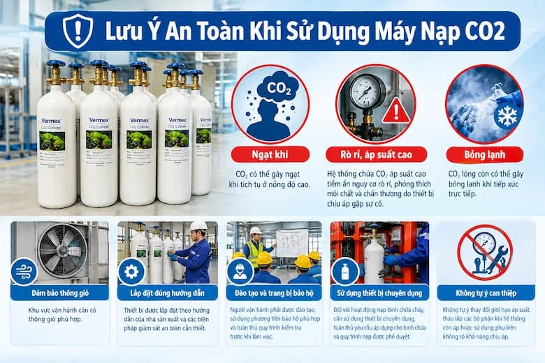 Minh họa các nguy cơ khi sử dụng CO₂ như ngạt khí, rò rỉ hệ thống áp suất cao và bỏng lạnh, đồng thời nhấn mạnh việc thông gió, kiểm tra thiết bị, sử dụng đồ bảo hộ và tuân thủ quy trình vận hành.