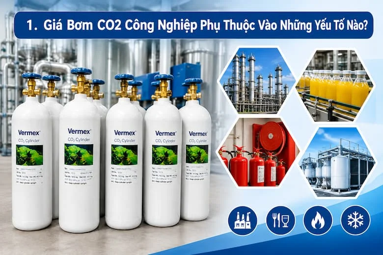 Hình ảnh các bình chứa CO₂ công nghiệp, minh họa nhu cầu lựa chọn máy bơm và thiết bị chiết nạp theo công suất, áp lực làm việc, năng suất và mục đích sử dụng