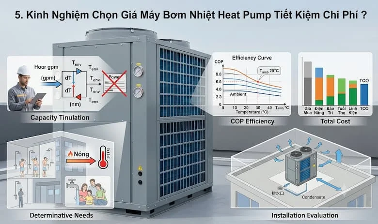 Hình ảnh hướng dẫn lựa chọn thiết bị dựa trên nhu cầu nước nóng thực tế, công suất nhiệt phù hợp, chỉ số COP, điều kiện thông gió và vị trí lắp đặt
