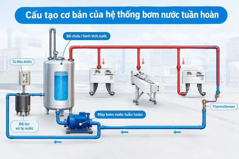 Hình ảnh mô phỏng các bộ phận chính của hệ thống bơm nước tuần hoàn, bao gồm máy bơm, bể chứa hoặc bình tích nước, hệ thống đường ống, bộ lọc và thiết bị điều khiển