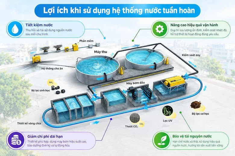 Hình ảnh thể hiện những lợi ích nổi bật của hệ thống nước tuần hoàn, gồm tiết kiệm nước, nâng cao hiệu quả vận hành, giảm chi phí dài hạn và sử dụng tài nguyên nước hiệu quả hơn