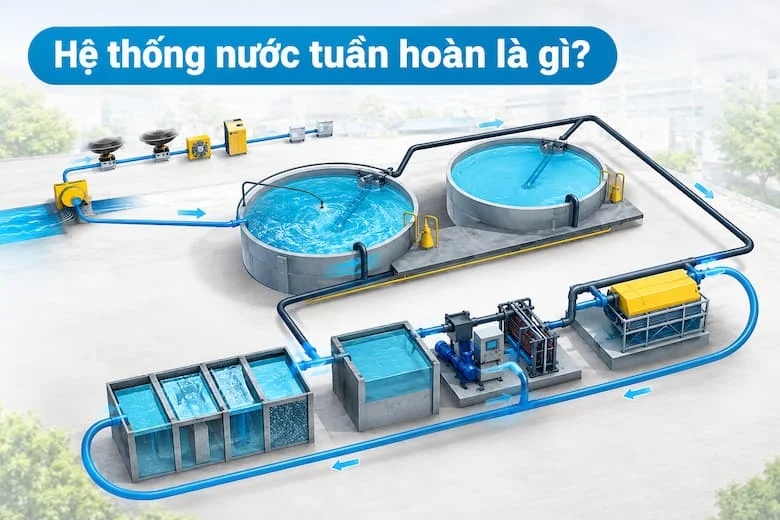 Hình ảnh minh họa mô hình hệ thống nước tuần hoàn với các bể chứa, máy bơm, đường ống dẫn nước và các thiết bị xử lý. Nước được vận chuyển qua các công đoạn, sau đó thu hồi và đưa trở lại hệ thống để tiếp tục sử dụng