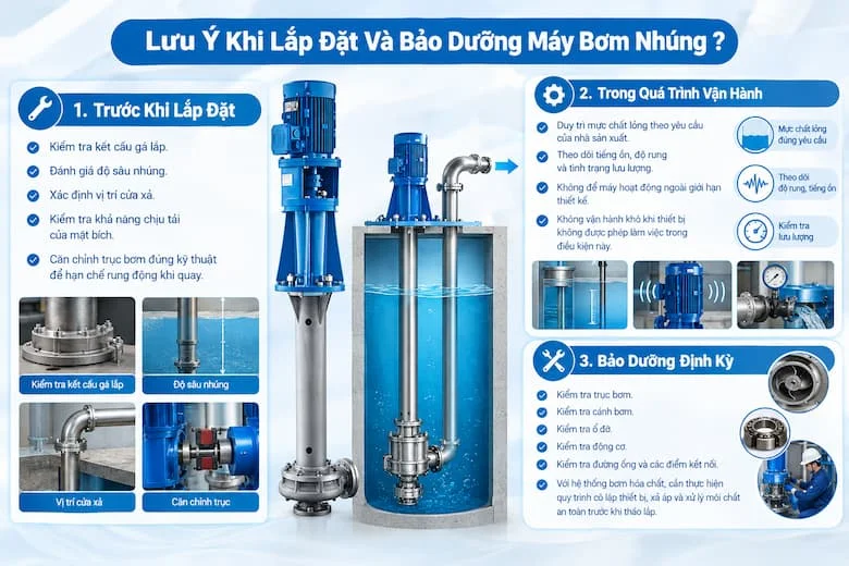 Hình ảnh tổng hợp các bước kiểm tra kết cấu gá lắp, độ sâu nhúng, vị trí cửa xả và căn chỉnh trục trước khi vận hành; theo dõi mực chất lỏng, tiếng ồn, độ rung và lưu lượng trong quá trình sử dụng