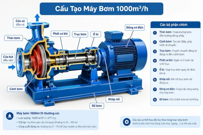 Hình ảnh minh họa cấu tạo máy bơm 1000m³/h với các bộ phận chính như động cơ, thân bơm, cánh bơm, trục bơm, cửa hút và cửa xả.