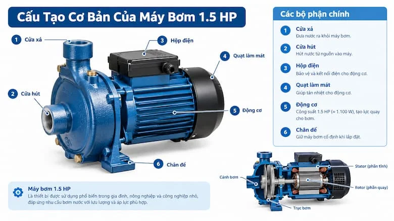 Hình ảnh minh họa các bộ phận chính của máy bơm 1.5 HP như động cơ, cửa hút, cửa xả, hộp điện, quạt làm mát, chân đế và các chi tiết bên trong