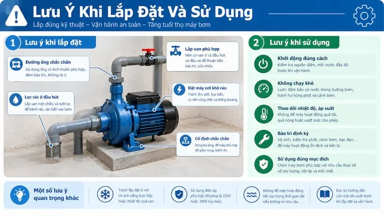Hình ảnh tổng hợp các lưu ý quan trọng khi lắp đặt và vận hành máy bơm 1.5 HP, từ việc kết nối đường ống, lắp lưới lọc và van, cố định máy đến kiểm tra nguồn điện, mồi nước, tránh chạy khô và bảo trì định kỳ