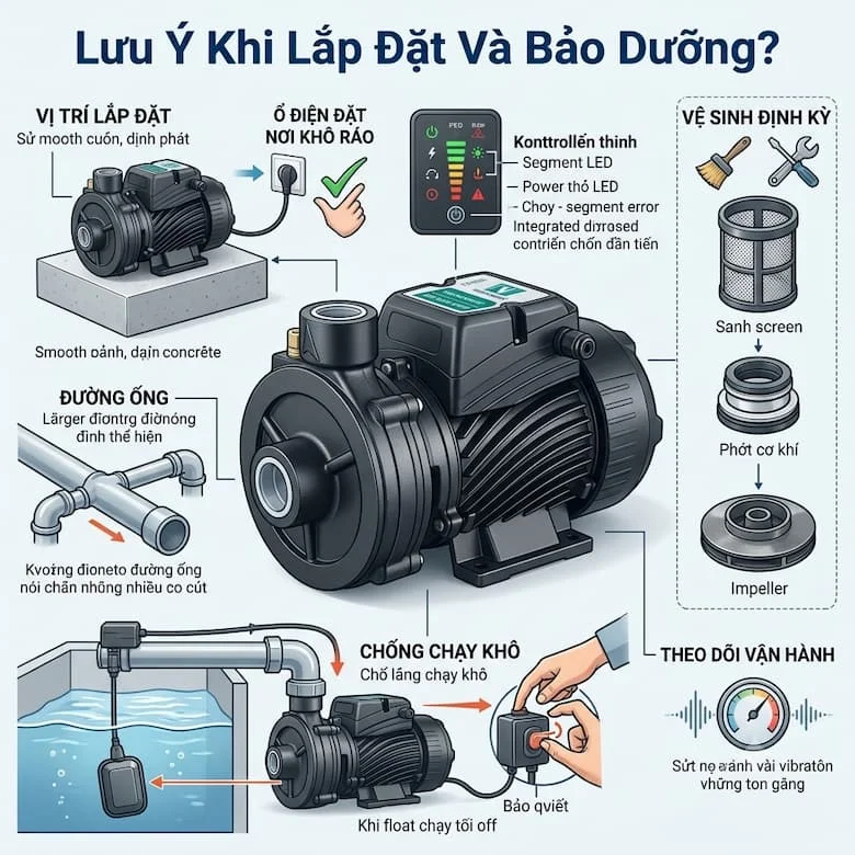 Hình ảnh tổng hợp các nguyên tắc quan trọng cần ghi nhớ để máy bơm nước gia dụng hoạt động bền bỉ, an toàn. Sơ đồ minh họa chi tiết các nội dung: vị trí đặt máy khô ráo, chắc chắn; quy chuẩn kết nối đường ống hạn chế co cút