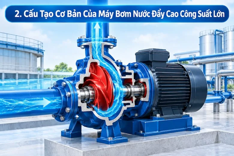Hình ảnh mặt cắt máy bơm ly tâm minh họa các bộ phận quan trọng bên trong thiết bị, bao gồm thân bơm, bánh công tác, trục quay, buồng xoắn ốc, đầu hút và đầu đẩy.