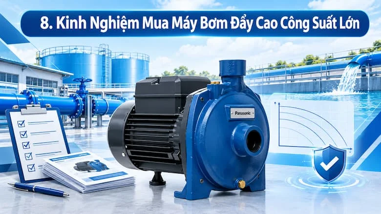 Hình ảnh thể hiện máy bơm nước công suất lớn trong môi trường công nghiệp, kết hợp với tài liệu kỹ thuật, bảng kiểm tra và biểu đồ đặc tính bơm
