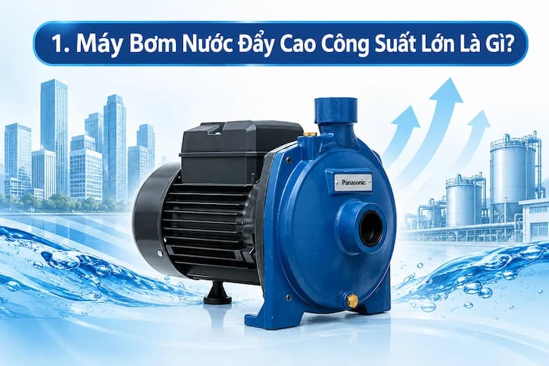 Hình ảnh máy bơm nước đẩy cao công suất lớn có thiết kế gồm thân bơm màu xanh, động cơ điện màu đen và các vị trí kết nối đường ống hút, đẩy
