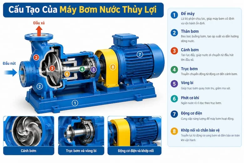 Giới thiệu chi tiết cấu tạo máy bơm nước thủy lợi gồm thân bơm, cánh bơm, trục bơm, vòng bi, phốt cơ khí, động cơ điện và khớp nối truyền động, giúp người dùng hiểu nguyên lý vận hành của thiết bị
