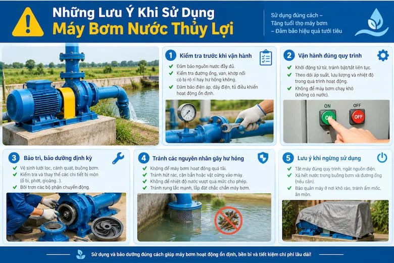 Tổng hợp các lưu ý quan trọng khi sử dụng máy bơm nước thủy lợi như kiểm tra trước khi vận hành, bảo dưỡng định kỳ, tránh chạy khô, phòng ngừa hư hỏng và bảo quản đúng cách để tăng tuổi thọ thiết bị