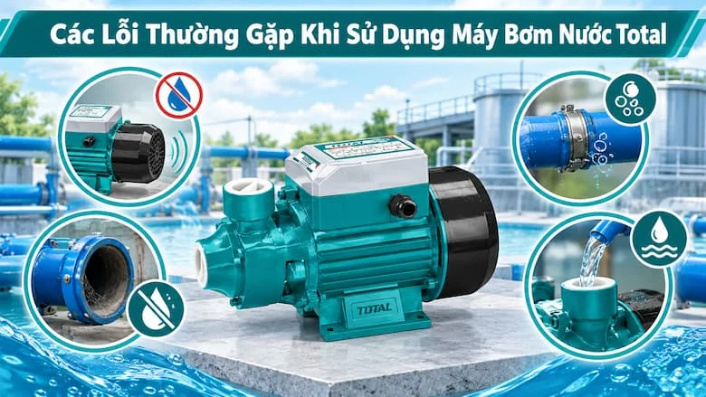 Hình ảnh máy bơm nước Total kết hợp với các tình huống minh họa những lỗi thường gặp trong quá trình vận hành, chẳng hạn như động cơ chạy nhưng không lên nước, đường ống hút bị tắc, mối nối bị hở hoặc máy chưa được mồi nước đúng cách.