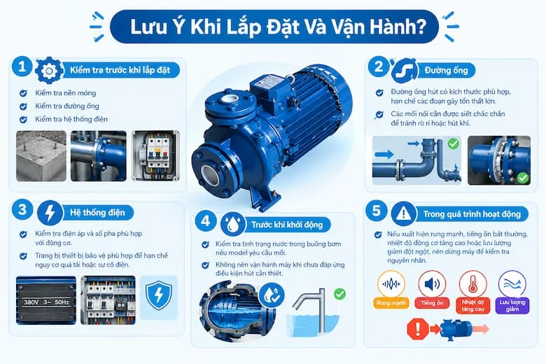 Những lưu ý khi lựa chọn, lắp đặt và vận hành máy bơm Pentax 15kW