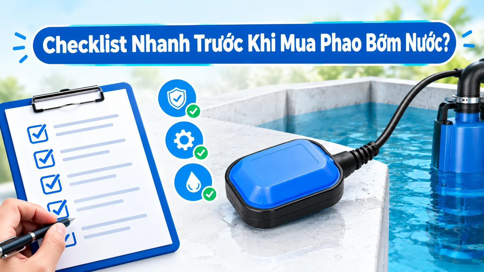 Minh họa các yếu tố cần kiểm tra trước khi mua phao bơm nước