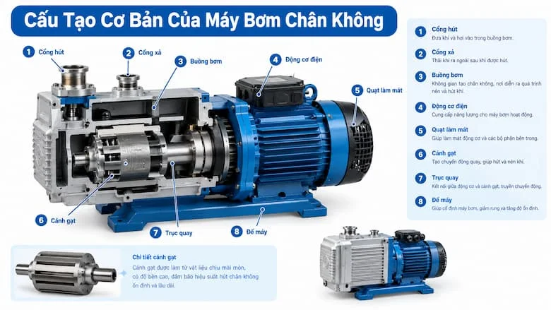 Hình ảnh minh họa trực quan các bộ phận chính như buồng bơm, động cơ, cánh gạt, trục quay, cổng hút và cổng xả.