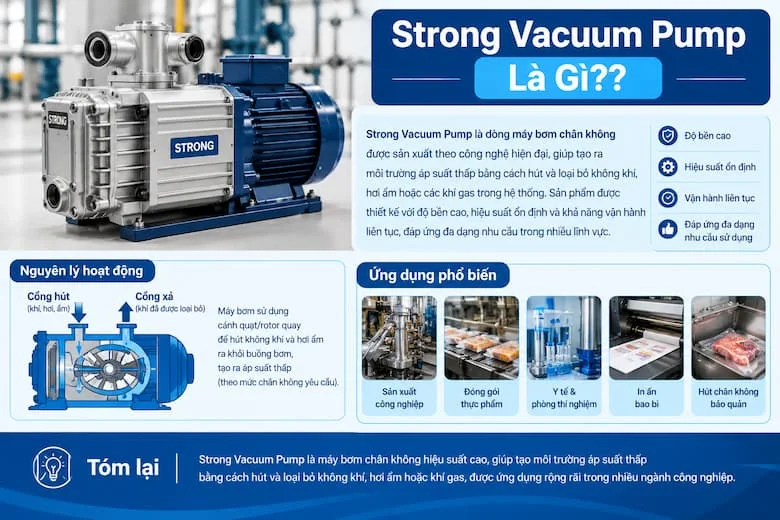 Hình ảnh giới thiệu tổng quan về máy bơm chân không Strong Vacuum Pump và vai trò trong các hệ thống hút chân không công nghiệp.
