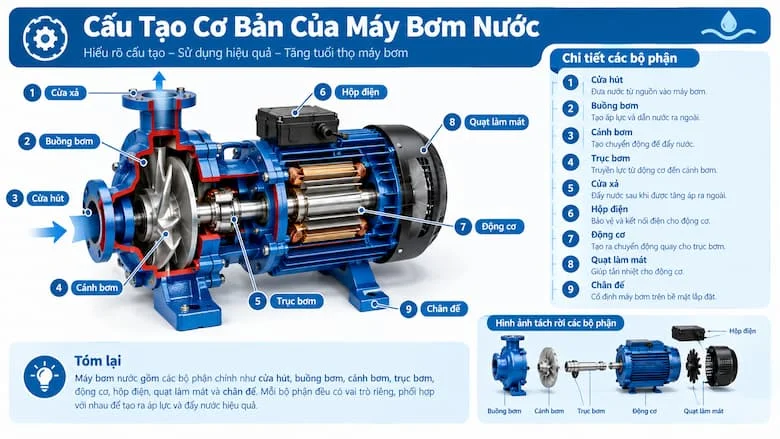 Hình ảnh minh họa cấu tạo bên ngoài và bên trong của máy bơm nước, gồm cửa hút, buồng bơm, cánh bơm, trục bơm, cửa xả, động cơ, hộp điện, quạt làm mát và chân đế