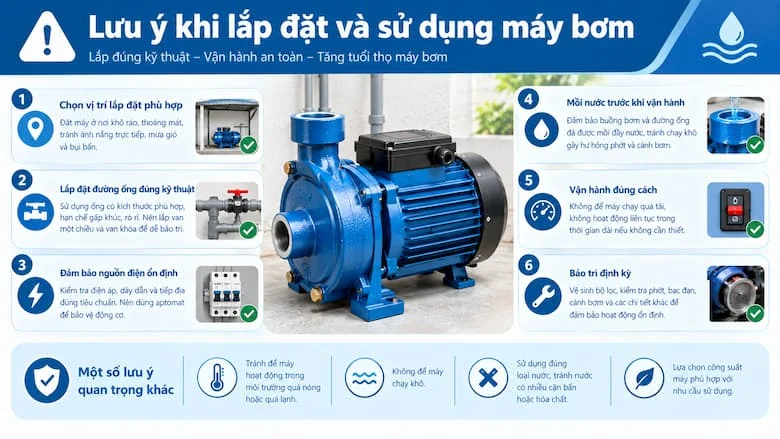 Hình ảnh tổng hợp các nguyên tắc quan trọng khi lắp đặt và vận hành máy bơm, từ lựa chọn vị trí, kết nối đường ống, đảm bảo nguồn điện đến mồi nước, vận hành đúng cách và bảo trì định kỳ