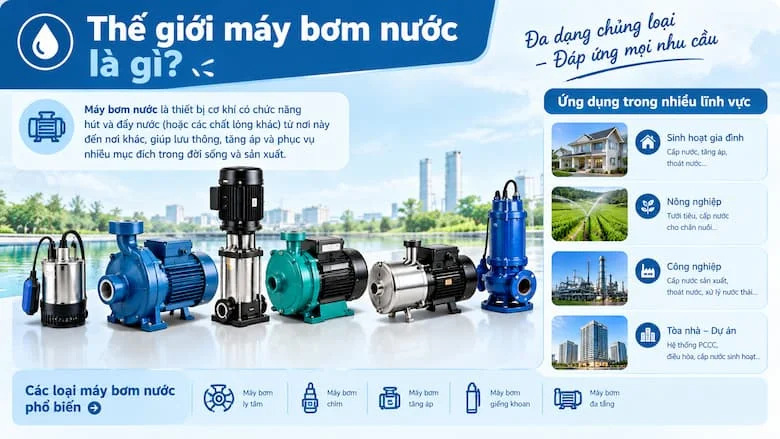 Hình ảnh tổng quan về thế giới máy bơm nước với nhiều dòng máy khác nhau, được sử dụng trong gia đình, nông nghiệp, công nghiệp và các công trình xây dựng