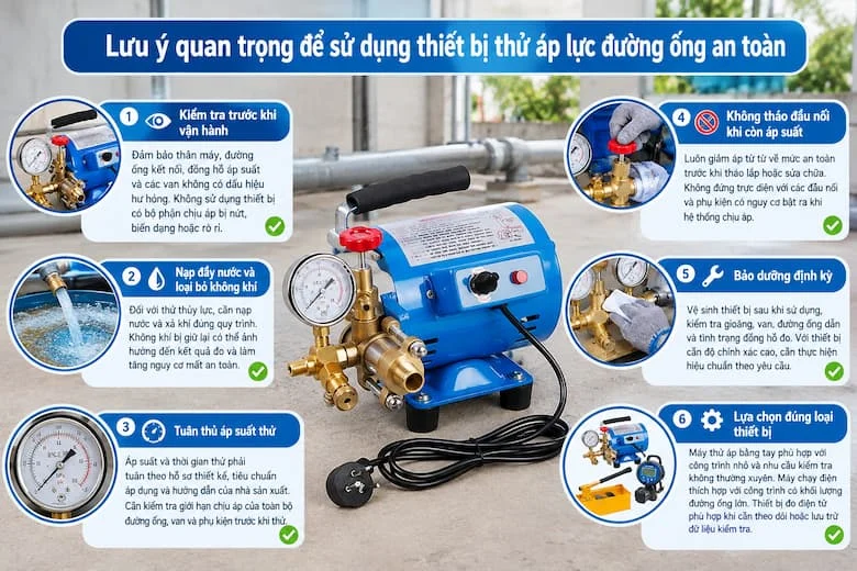 Hình ảnh minh họa thiết bị thử áp lực đường ống, nhấn mạnh tầm quan trọng của việc kiểm tra máy, đường ống kết nối, van và đồng hồ trước khi vận hành
