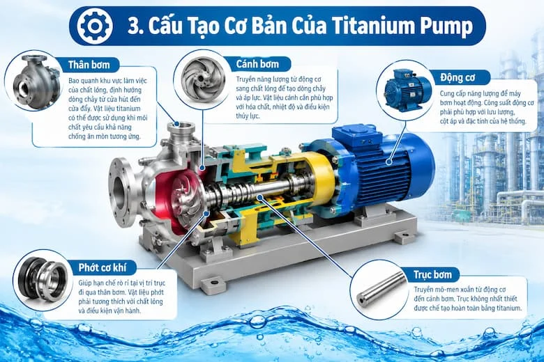 Hình minh họa mặt cắt cụm bơm, thể hiện vị trí cửa vào, cửa ra, vỏ bơm, trục vít và cặp bánh răng truyền động. Hình ảnh giúp người đọc hình dung cấu trúc cơ khí của thiết bị; vật liệu titanium cần được xác nhận theo thông số của từng model.