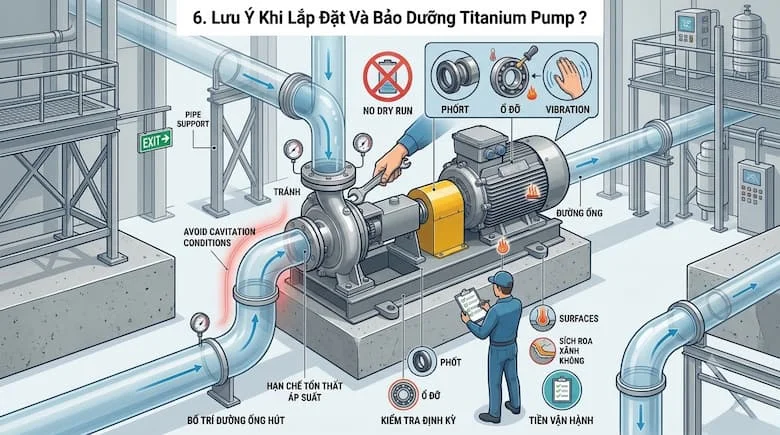 Hình ảnh máy bơm Titanium kết hợp động cơ điện và khớp nối truyền động, phù hợp minh họa các yêu cầu kiểm tra chiều quay, căn chỉnh trục, độ rung, tình trạng phớt và các mối nối trong quá trình lắp đặt, vận hành và bảo dưỡng định kỳ.