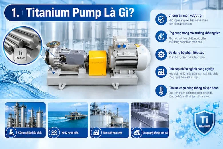Hình ảnh máy bơm Titanium dạng trục ngang, gồm động cơ điện, khớp nối truyền động và cụm đầu bơm, minh họa thiết bị bơm dùng trong các hệ thống vận chuyển chất lỏng công nghiệp có yêu cầu về khả năng chống ăn mòn