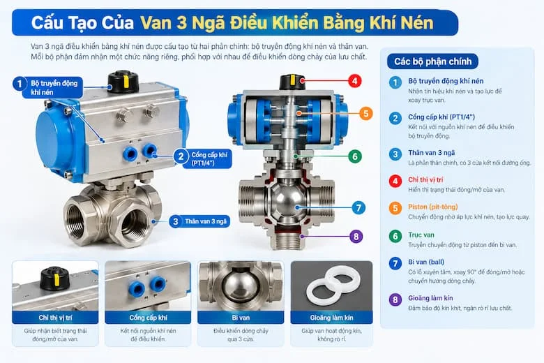 Hình ảnh mô tả các bộ phận quan trọng như bộ truyền động khí nén, cổng cấp khí, thân van, trục van, bi van và gioăng làm kín, giúp nhận biết chức năng của từng chi tiết trong quá trình vận hành.