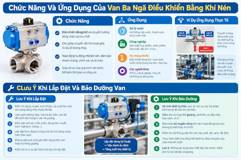 Hình ảnh giới thiệu khả năng đóng mở, chuyển hướng dòng chảy và ứng dụng của van trong hệ thống cấp nước, xử lý nước, HVAC và dây chuyền sản xuất, đồng thời minh họa các lưu ý về lắp đặt, kiểm tra rò rỉ và bảo dưỡng định kỳ