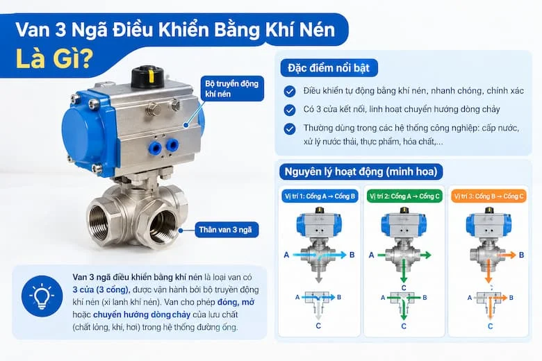 Hình ảnh minh họa cấu tạo tổng quan, bộ truyền động khí nén và thân van ba cửa, giúp người đọc hiểu rõ nguyên lý đóng mở và chuyển hướng dòng lưu chất trong hệ thống đường ống công nghiệp