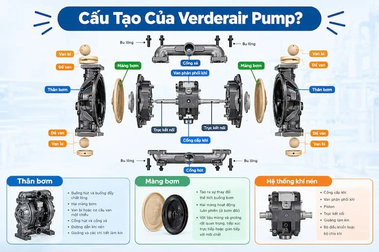 Sơ đồ cấu tạo chi tiết bơm Verderair AODD, thể hiện thân bơm, màng bơm, van bi và hệ thống khí nén.