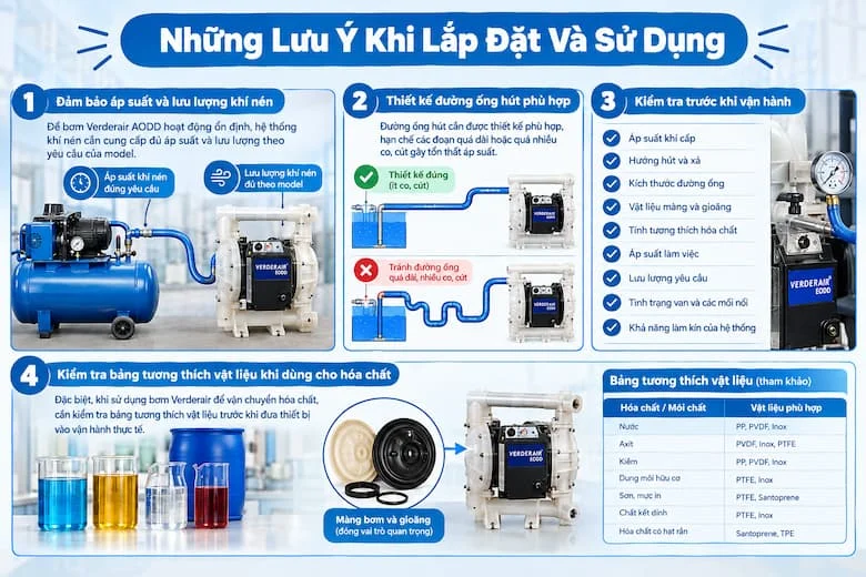 Minh họa các yêu cầu quan trọng khi lắp đặt và vận hành bơm Verderair, từ khí nén, đường ống đến kiểm tra vật liệu và khả năng tương thích hóa chất.