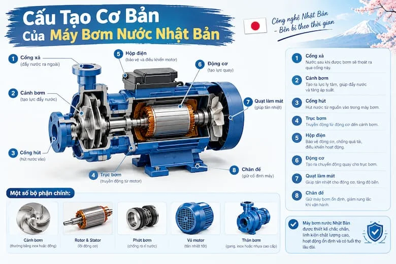 Hình ảnh minh họa các bộ phận chính của máy bơm nước Nhật Bản như động cơ, thân bơm, cánh bơm, trục bơm, phớt và các đầu kết nối.