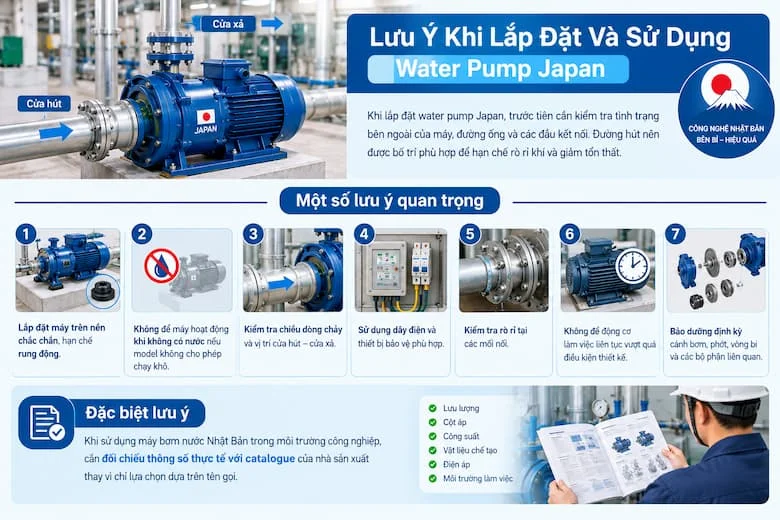 Minh họa các yêu cầu quan trọng khi lắp đặt và vận hành máy bơm như cố định máy, kiểm tra đường ống, nguồn điện, rò rỉ và bảo dưỡng định kỳ.
