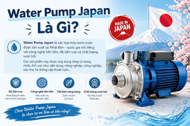 Hình ảnh máy bơm nước Nhật Bản được lắp đặt trong hệ thống đường ống, thể hiện cấu tạo tổng thể và vai trò vận chuyển nước.