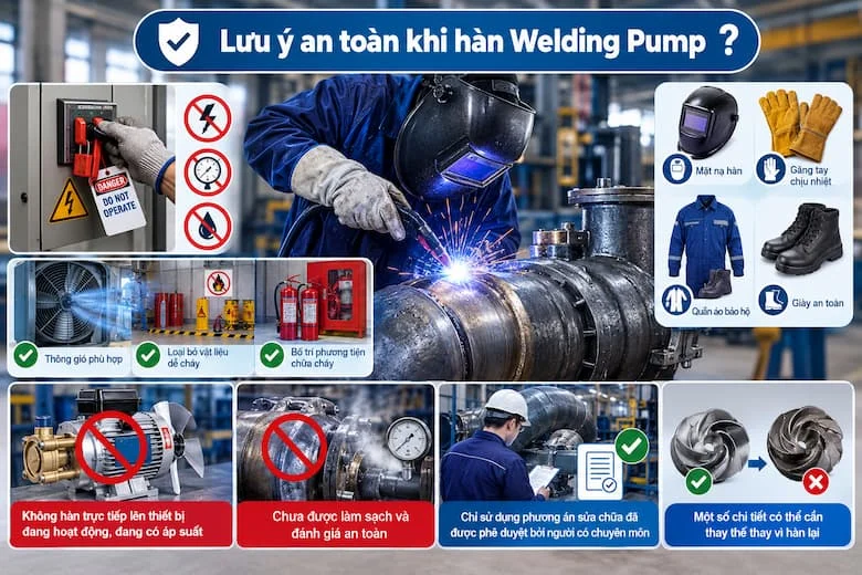 Hình ảnh minh họa các yêu cầu an toàn trong quá trình hàn và sửa chữa máy bơm công nghiệp. Người thực hiện cần sử dụng mặt nạ hàn, găng tay chịu nhiệt, quần áo bảo hộ và giày an toàn