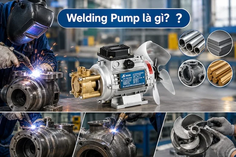 Hình ảnh máy bơm với thân động cơ kim loại, đầu bơm bằng đồng và cánh quạt phía sau
