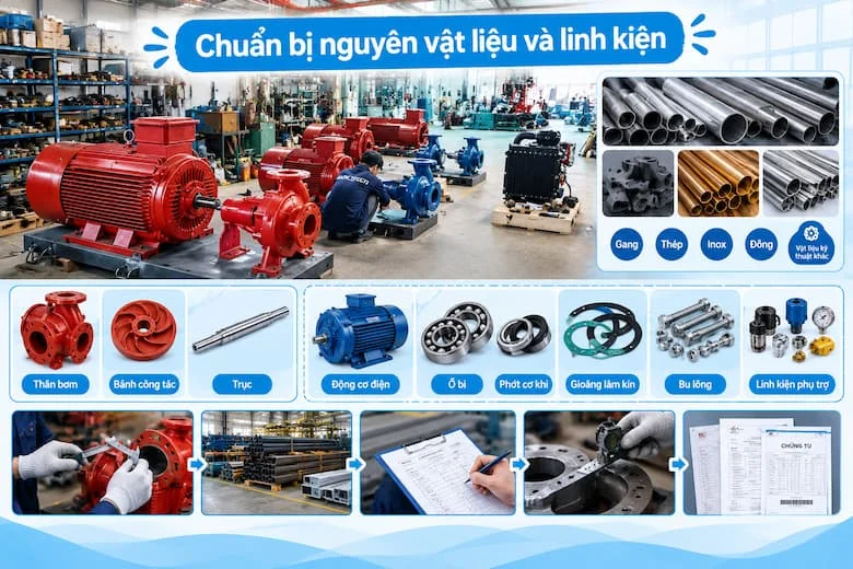 rước khi tiến hành gia công và lắp ráp, xưởng cần chuẩn bị đầy đủ nguyên vật liệu và linh kiện theo bản vẽ thiết kế. Các vật liệu phổ biến gồm gang, thép, inox và đồng, được lựa chọn tùy theo đặc tính làm việc của từng bộ phận