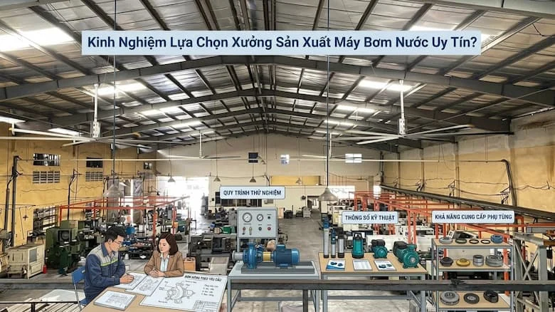 ình ảnh minh họa không gian xưởng sản xuất máy bơm quy mô lớn với đầy đủ các khu vực chuyên môn như bàn làm việc kiểm tra tài liệu kỹ thuật, hệ thống máy bơm thử nghiệm, khu vực trưng bày thông số kỹ thuật và kệ linh kiện, phụ tùng thay thế.