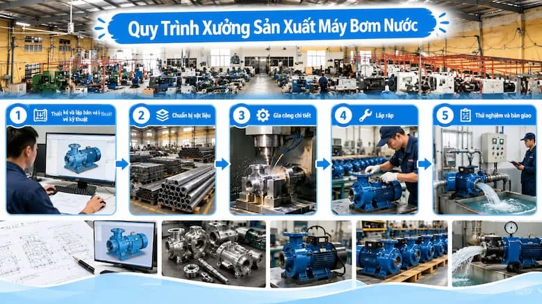 Quy trình sản xuất máy bơm nước tại xưởng bao gồm nhiều công đoạn liên kết chặt chẽ, từ thiết kế bản vẽ kỹ thuật, chuẩn bị nguyên vật liệu, gia công chi tiết đến lắp ráp và kiểm tra chất lượng
